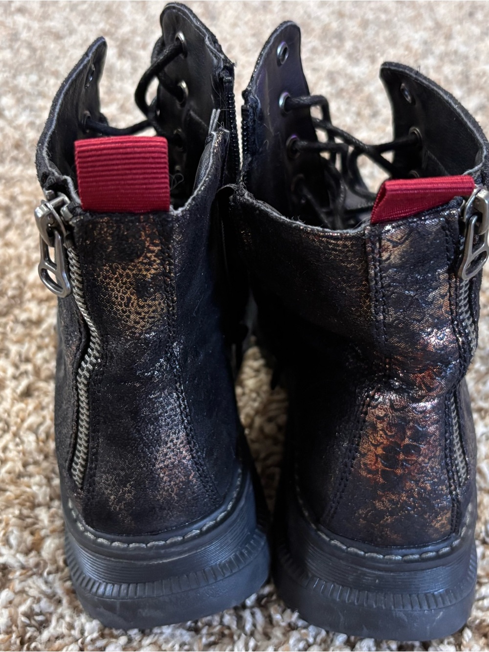 Jellypop Scotland Black Metallic Snakeskin Combat Boots with Burgundy Pull Tabs